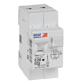 АВДТ с защитой от сверхтоков OptiDin D63-22C20-AC-У3 (2P, C20, 30mA, 4,5кА) - КЭАЗ